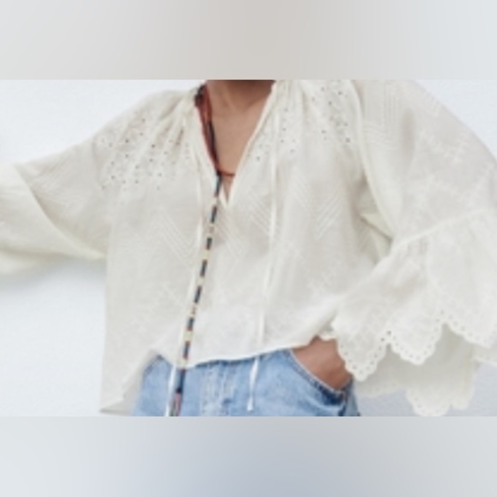 Zara White Embroidered Eyelet Peasant Style Long Sleeve Blouse